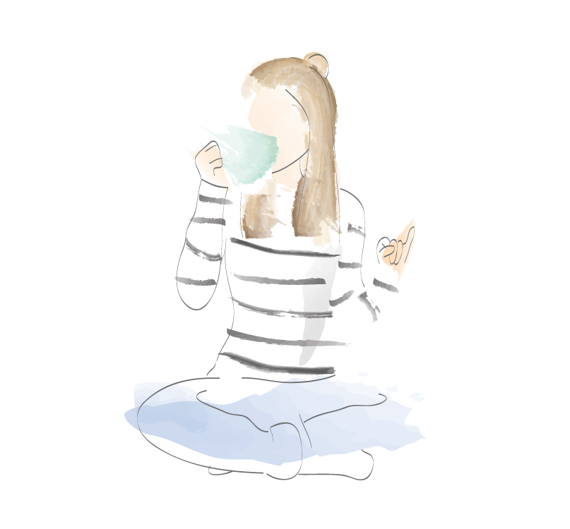Illustration i akvarellstil föreställande tjej som sitter i skräddarställning och dricker te